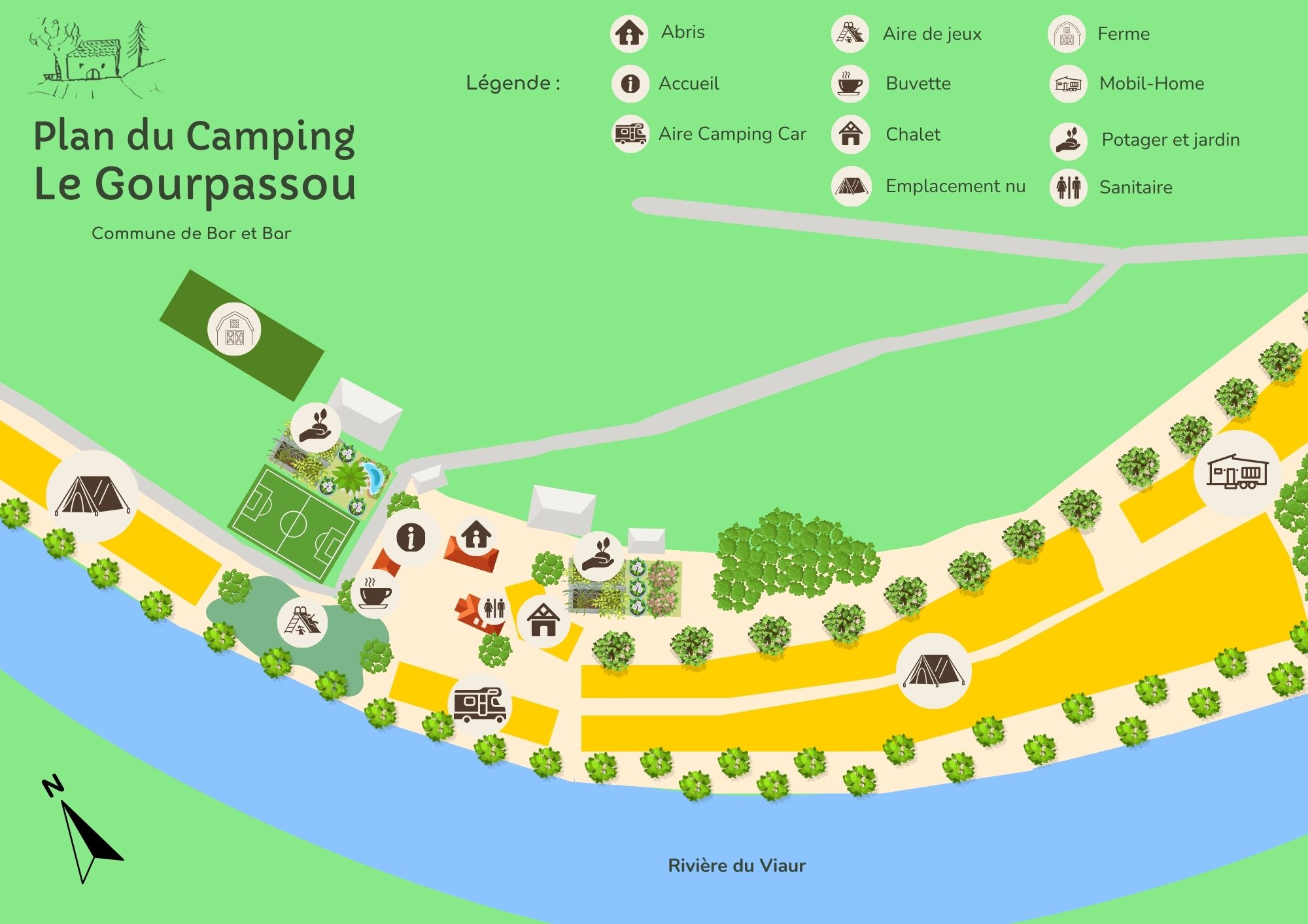 Plan simplifié du Camping Le Gourpassou - Emplacements, chalets, mobil-homes, aire de jeux et services au bord de la rivière du Viaur